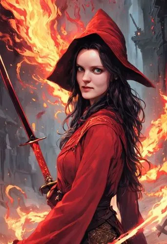 A breathtaking digital illustration, depicts a fierce woman in a vibrant red sword, her dark hair contrasting his bright red hat. This scene invites viewers on an infinity journey with a singular figu