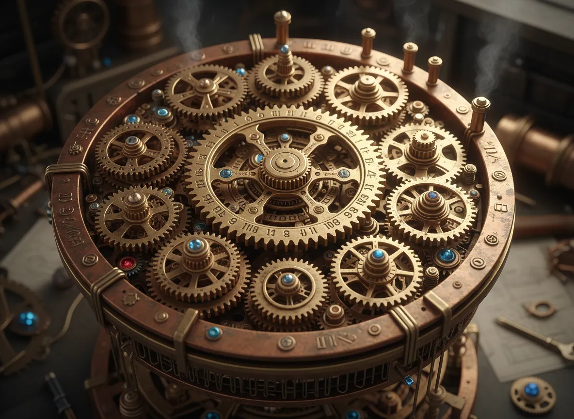 Primo piano di un'arte generata da IA che mostra ingranaggi e rotismi interconnessi in ottone e rame con dettagli incredibili.