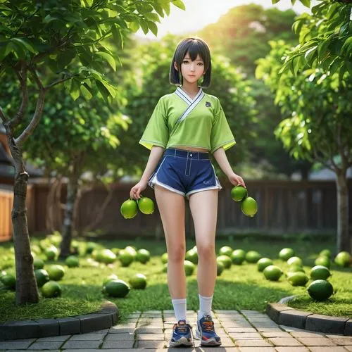 anime character,japanese style,girl,limes,a female anime character with a green shirt and blue shorts on,asian green oranges,citrus,green oranges,yuzu,himawari,nanako,Photography,General,Realistic