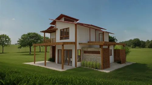 this is an artist's rendering of a small house on a green field,3d rendering,homebuilding,prefabricated buildings,floorplan home,residential property,fromental