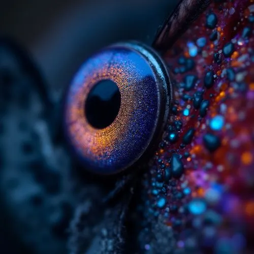 close-up of a beautiful butterfly eye\( beautiful, cosmic-colored, shining, big eye, big delicate compound eyes,glowing, reflection of beautiful colorful lights\). very carefully described. very high 