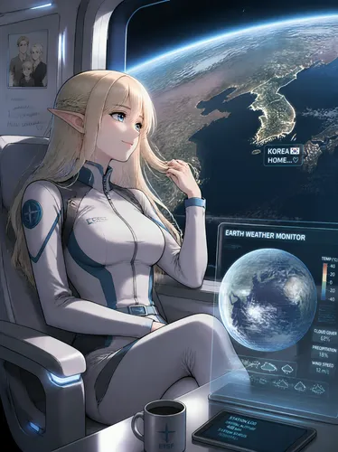 Manga Style:

An   elf with a Slavic  appearance, featuring pointed ears, blonde  hair, sky-blue eyes, and an athletic, feminine figure.

She wears a futuristic white and blue jumpsuit. Seated in a fu