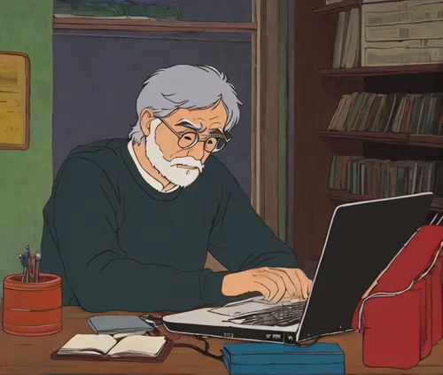 DVD screengrab. 1980s Studio Ghibli, Hayao Miyazaki anime movie of tired young adult man, listening music, coding on laptop, smilecore, every day life, minimal shading, bold, lined, 2d, flat, low deta