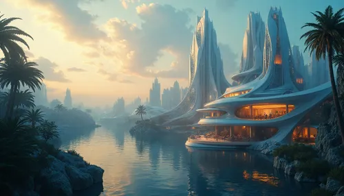 a futuristic, futuristic looking water palace is set in a forest at dusk,futuristic landscape,futuristic architecture,fantasy landscape,citadels,fantasy city,futuristic art museum,imperial shores,alie