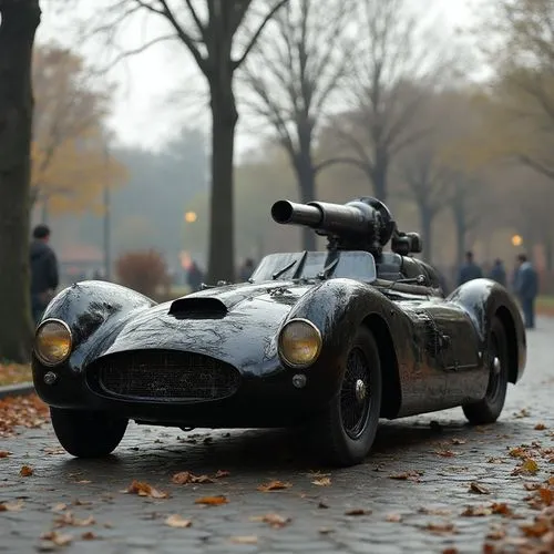 batcar with canon, black matt,old fashioned racing car with a water gun on top,auto union,sport car,speedster,veteran car,vintage cars,roadster 75,automobile racer,sports car,vintage car,the beetle,fa