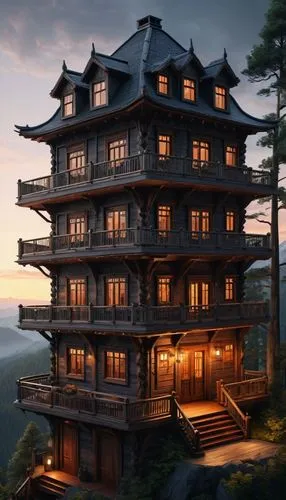 A carefully crafted 3D render: an imposing eleven-story cabin with a unique, distinctive design. The focal point is a grand staircase leading up to a balcony, surrounded by intricate wooden carvings, 