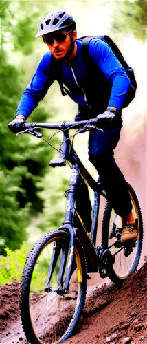 Mountain bike, riding action, male cyclist, helmet, sunglasses, gloves, athletic wear, mud-spattered, rugged terrain, steep slope, afternoon sunlight, dynamic composition, low-angle shot, shallow dept