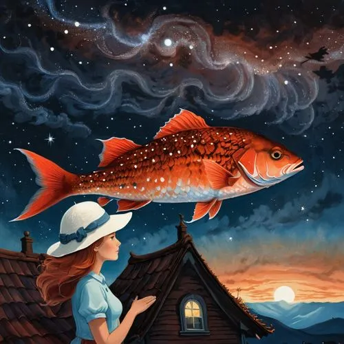 A detailed digital illustration of a great red fish in the night sky. The focal point is the large brown scales of the fish, with the human hand on the roof and the woman who wears a white hat sitting