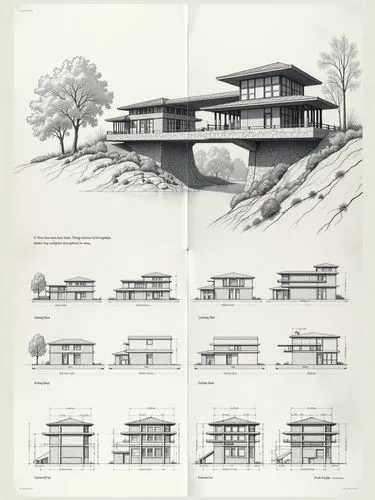 A diagram showing the process of building with each step represented by different architectural sketches and digital construction models of building structures and dimensions. The left side features t