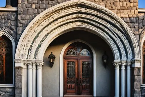 Romanesque Revival architecture, grand building, ornate façade, rounded arches, ribbed vaults, polychrome marble columns, carved stone decorations, intricate moldings, stained glass windows, towering 