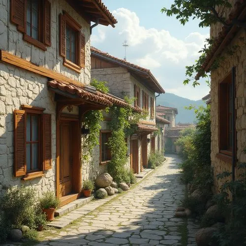 JAPONES regional architecture, natural stone walls, reclaimed wood accents, earthy color palette, terracotta roof tiles, wooden shutters, ornate metalwork details, lush greenery surroundings, rolling 