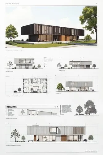 an architectural presentation board of an artist's residence design with floor plans, views, perspectives, 3D renders and texts in a neatly composed sheet with white space and balanced formatted graph