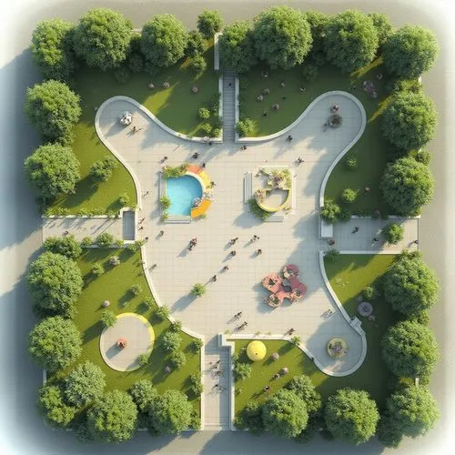 Aerial view of the landscape planning of the public rest square. The planned area is about 800 square meters, with less greening in the area. There are fitness areas, rest areas, various landscape ins