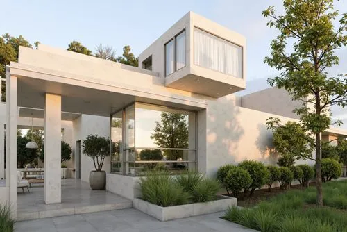 A modern minimalist house with large glass windows, beige stone walls, and a reflective mirrored facade, surrounded by soft green hills and trees, designed with clean lines and symmetry, basking in so