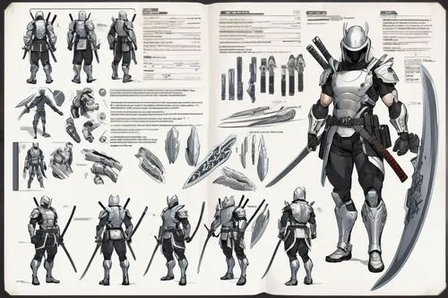  ,a drawing book showing various armors and weapons,knight armor,armors,inquisitors,subclass,subclasses,concept art,alien warrior,legionnaires,forerunners,carapace,scythes,augmentations,armor,suit of 