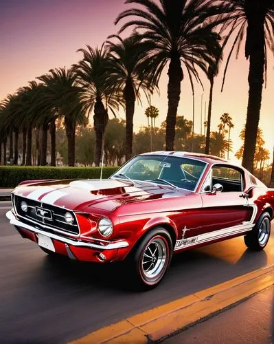 1967 Mustang, cherry red, classic car, shiny metal body, white racing stripes, chrome wheels, low-angle shot, dramatic lighting, sunset background, palm trees, California highway, nostalgic atmosphere