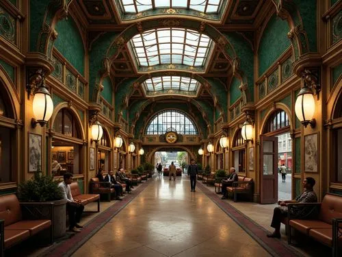 \Metro station, ornate Art Nouveau style, luxurious atmosphere, curved lines, organic forms, elegant typography, vintage lamps, intricate ironwork, mosaic patterns, rich jewel tones, emerald green, sa