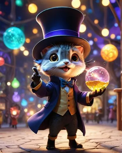 a magician performs a show of light deception in a mystical atmosphere of the play of light and shadow,a cat dressed as a magician is holding a glowing ball,pip,ringmaster,bellwether,nick,tuxedo,tuxed
