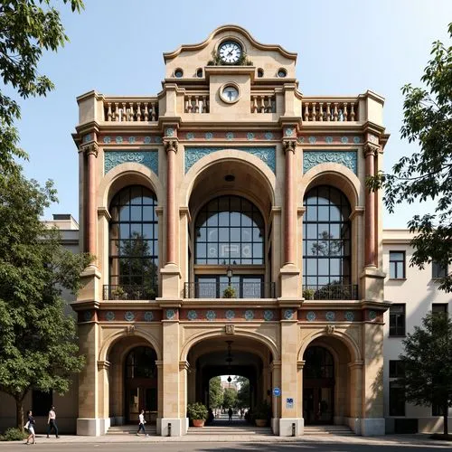 Monumental hospital facade, grand entrance arches, rusticated stone walls, ornate metalwork details, symmetrical composition, imposing clock tower, richly decorated spandrels, intricate terra cotta pa
