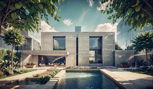 street garden  falling water pool landscape citycenter people
,an architectural rendering with a house on the background,modern house,contemporary,modern architecture,beautiful home,dunes house,luxury
