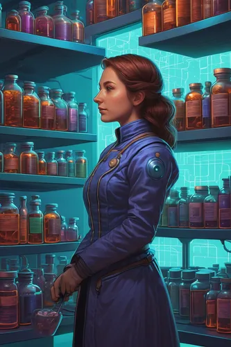In a futuristic city of advanced technology, an apothecary revolutionizes medicine with nanobots that heal instantaneously.,apothecary,sci fiction illustration,pharmacy,shopkeeper,reagents,medicinal m
