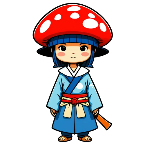 a tiny cute humanoid ronin samurai with mushroom cap hat,mushroom hat,lingzhi mushroom,yo-kai,toadstool,small mushroom,mushroom type,kokeshi,mushroom,okoromai,agaric,edible mushroom,kokeshi doll,anime