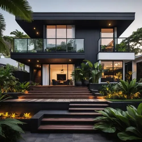 Dark luxury villa, modern minimalist design, onyx black architectural shingles, flat roof, white walls, large windows, sliding glass doors, outdoor courtyard, lush greenery, tropical plants, wooden de