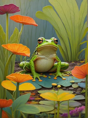 Depict a whimsical frog cartoon character exploring a colorful garden.,frog background,pond frog,jazz frog garden ornament,frog king,frog through,kawaii frog,frog figure,woman frog,frog gathering,frog