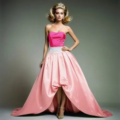 a white waistline to divide the magenta bodice and light pink skirt,a woman in a floor length evening dress with a hot pink bandeau bodice and a light pink semi-ballroom silhouette sweep skirt ,halsto