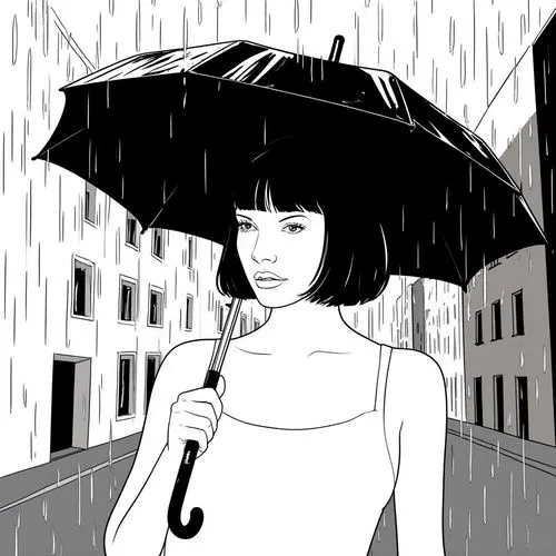 Clear line art illustration inspired by the song Umbrella. A stylish woman with a chic black bob haircut stands confidently under a sleek black umbrella. Heavy rain falls around her, but she remains c
