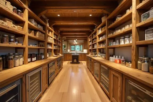 Rustic pantry with a warm and organized design, featuring natural wooden shelves lined with jars, baskets, and pantry staples. The floor is made of natural wood planks, and the ceiling has exposed woo
