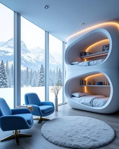 Modern bedroom with advanced design concept, floor-to-ceiling Windows overlooking the snow outside the window, a small bunk in the middle of the room, bunk beds are round, comfortable and soft bunk ma