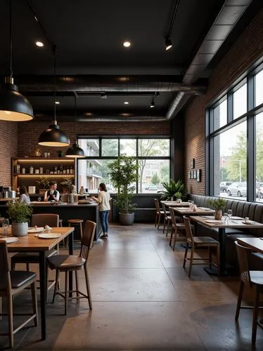 a Coffee shop for accountants, industrial interior design style, industrial furniture style, cool and calming color, spotlighting and recessed light, mir render
,the long and narrow restaurant has t