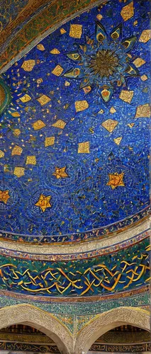 The intricate blue mosaic pattern in the blue mosque,motifs of blue stars,iranian architecture,persian architecture,dome roof,ceiling,hall roof,mosaic,mosaics,dome of the rock,islamic pattern,shahi mo