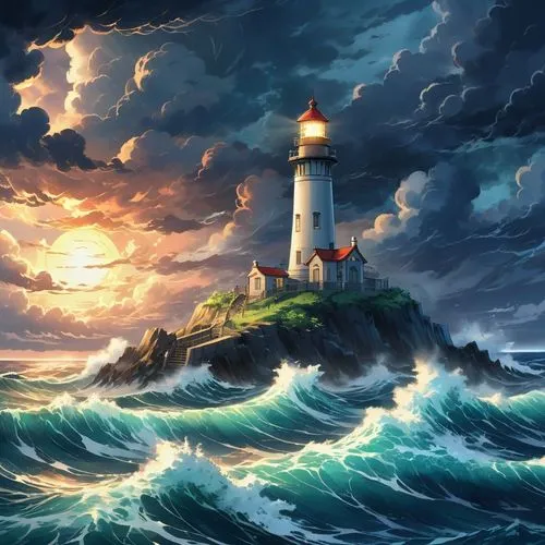 A picturesque 1802 lighthouse, its soft light casting a warm glow on the turbulent ocean waves and brooding sky, creating a serene yet dramatic contrast with the stormy seas and dark clouds in the bac