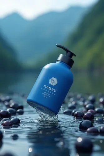 Product photography of the brand "PROMEAI" in blue packaging with a white logo, floating on top of water surrounded by dark purple berries and green mountains in the background, hyper-realistic, with
