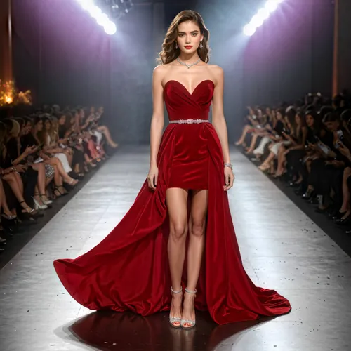 make the model more beautiful, younger, more innocent and put some red lipstick and eyeliner on her. keep the velvety texture of the dress and enhance the silver textured jewelry,a young woman in a re