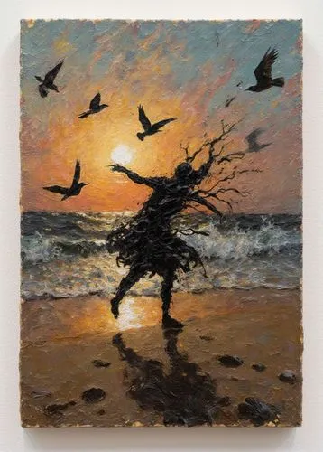 Oil painting with a brush, hours at dusk in front of a beach, birds pass by in perfect dance, and you are drawn by the storm and the sands. Abstract Expressionism, Mixed Media. Crazy sunset.,a paintin