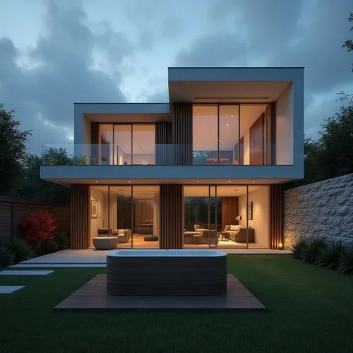  A photo-realistic rendering of a modern, minimalist house with a contemporary design. the house is located in a suburban area, with a well-manicured lawn and a wooden bathtub in the foreground. the e
