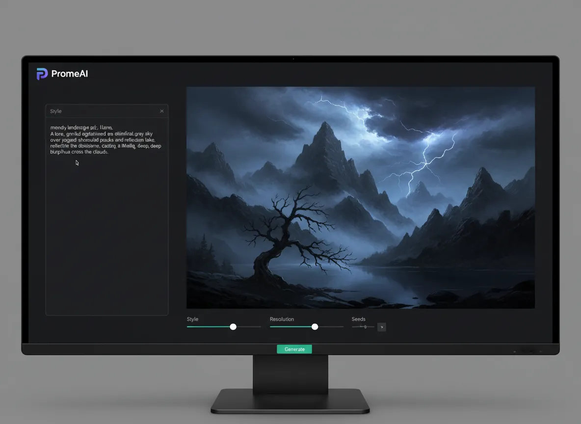 Una vista dell'interfaccia di PromeAI che mostra un utente che digita un 'prompt per arte paesaggistica suggestiva' accanto all'immagine generata di una scena montana scura e atmosferica.