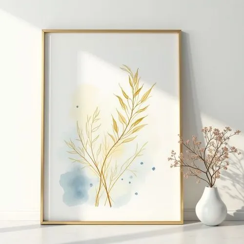 delicate elegant painting on white wall,pastel colors and gold and yellow and blue, simple slim gold frame, frontview, vertical,lineart,abstract branches
,a po frame sitting next to a vase with a plan