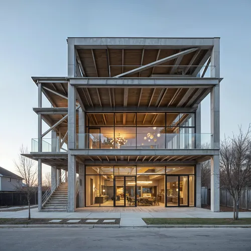 A bold, structural approach that emphasizes raw materials and exposed frameworks,the building is a great addition to an office and studio,cubic house,cantilevers,cantilevered,timber house,snohetta,fra