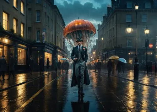 Illustration, wet streets of London on a rainy day,a person walks down the street holding an umbrella,man with umbrella,mary poppins,brolly,poppins,mccurry,overhead umbrella