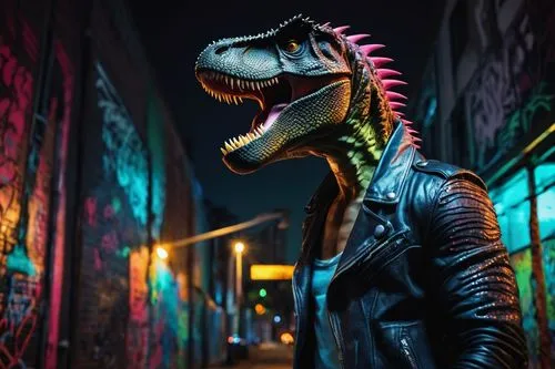 Anthropomorphic T-Rex, standing upright, muscular body, scaly skin, sharp claws, powerful legs, tiny arms, spiky hair, cool sunglasses, leather jacket, ripped jeans, confident posture, city street, ni