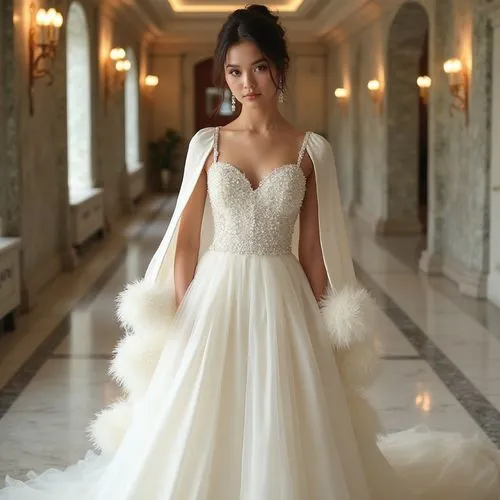 a front full body shot of a young beautiful woman with a round face and dark hair in an updo wearing a white evening dress with an a-line silhouette with a floor-length  cape draped oof the shoulders 