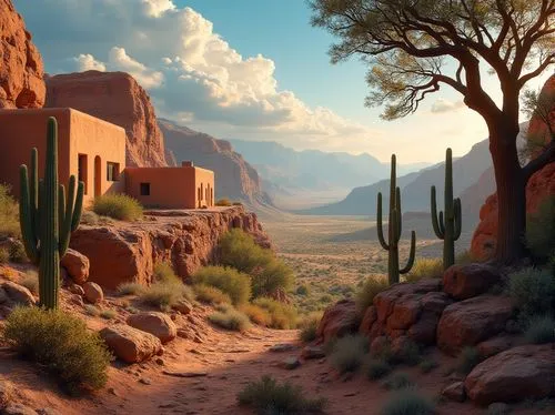 Southwestern canyon, regionalism style, vibrant colors, rocky cliffs, vast open spaces, majestic cacti, sprawling trees with twisted branches, adobe architecture, earthen pottery, woven textiles, Nati
