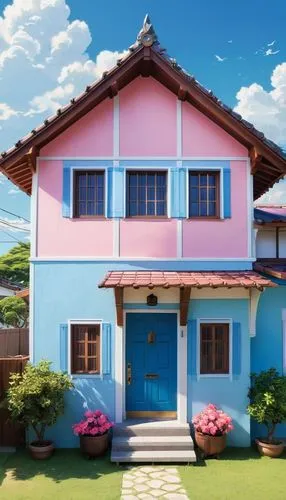 A medium shot of a large two story house with painted white, blue, and pink exterior. Wood roof tiles with silver trim that extends above the roof. The front door has no doors and window on a brown ti