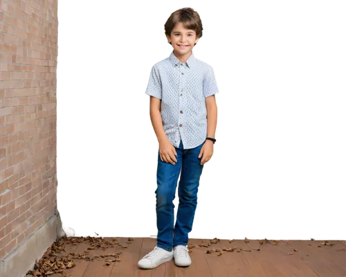 boy, smiling face, bright eyes, messy brown hair, white shirt, blue jeans, sneakers, leaning against wall, casual posture, natural lighting, shallow depth of field, warm color tone, cinematic composit