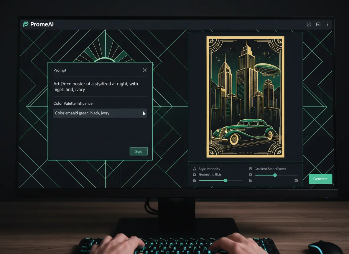 Una vista dell'interfaccia di PromeAI che mostra un utente inserire parole chiave di colore come 'oro e verde smeraldo' per influenzare la palette di colori del manifesto Art Déco.