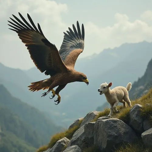 The eagle, in a gliding flight, faces an attack on the lamb, which is on the mountain ledge. The lamb tries to run away, but the eagle, with its strong claws, grabs the baby goat and drags it into the